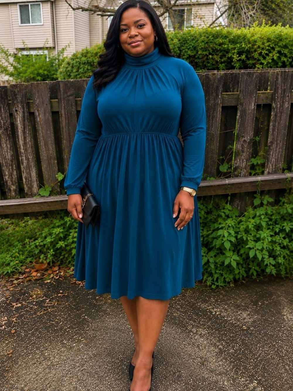 Elegant Teal Long-Sleeve Turtleneck Midi Dress